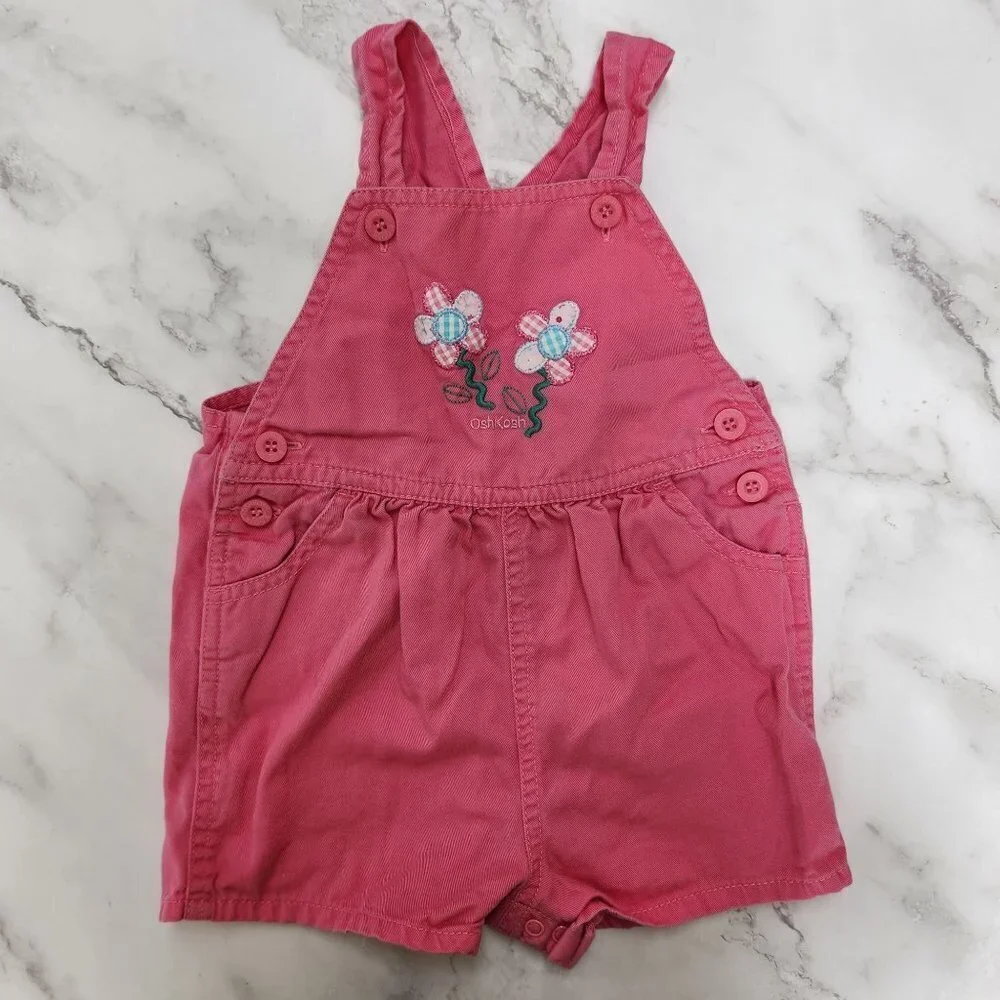 Vintage Oshkosh Baby Pink Flower 100% Cotton Denim Overalls Shorts Girls 12M XL